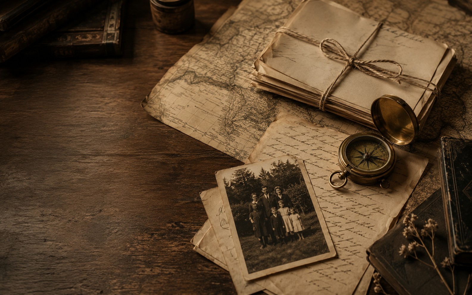 Old letters, a compass, a map and a family photograph
