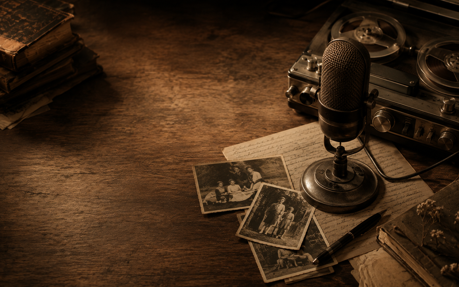A vintage microphone, recorder and family photographs