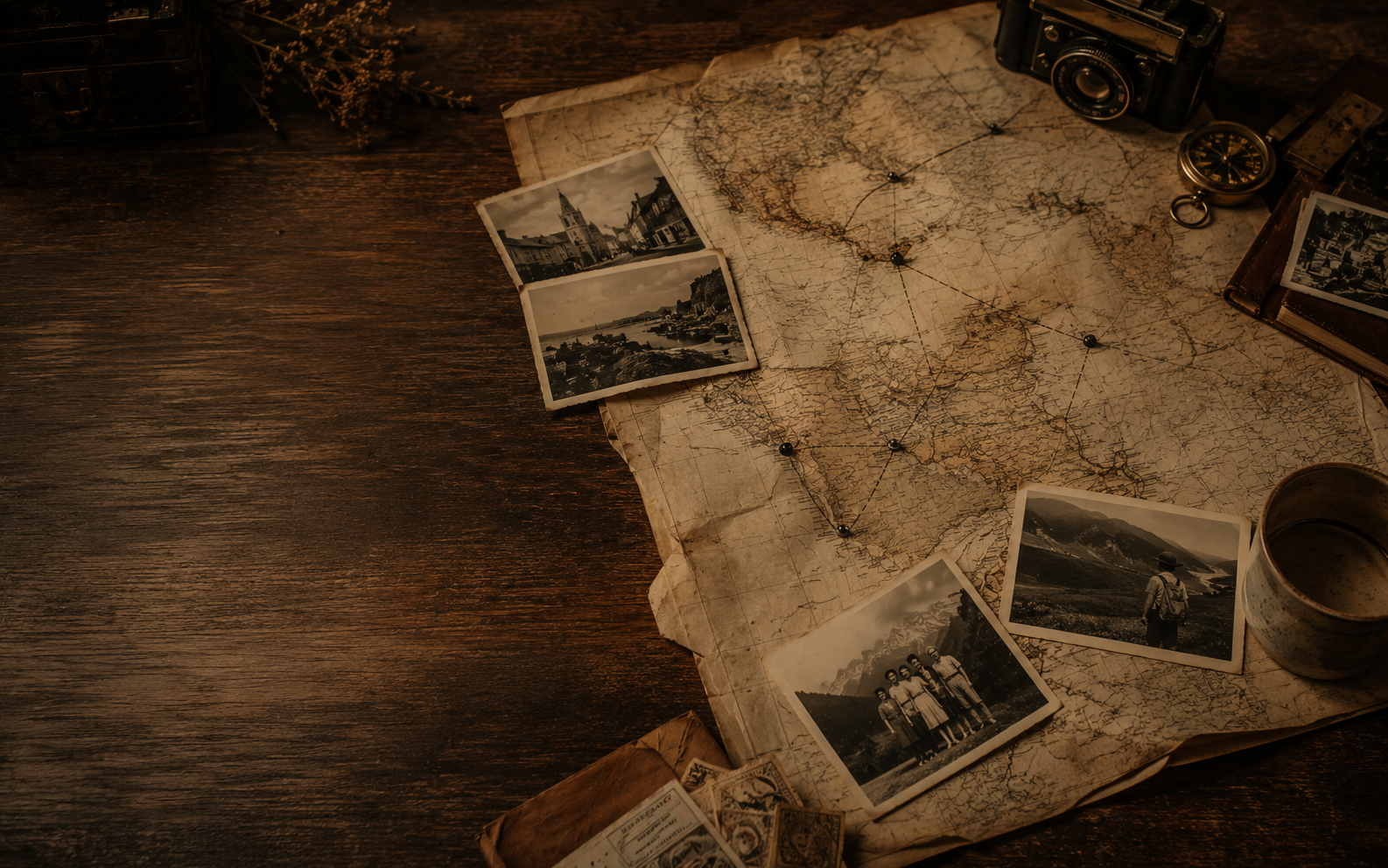 A travel map with photographs and marked life places